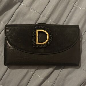 Vintage Dior Black Leather Continental Wallet with Gold 'D' Emblem